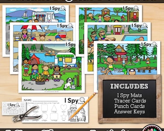 May include: An "I Spy Shapes Activity" digital download. The image features several colorful "I Spy" game mats with outdoor scenes, a chalkboard with included items, and a shape identification worksheet with a pencil and hole punch.