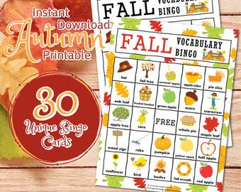 Fall Vocabulary Bingo Set for Kids: Classroom Party Game (Digital Download)