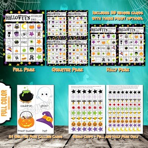 Puede incluir: Un conjunto de tarjetas de bingo de Halloween imprimibles con 30 tarjetas &uacute;nicas y tres opciones de impresi&oacute;n: p&aacute;gina completa, cuarto de p&aacute;gina y media p&aacute;gina. Las tarjetas presentan varias im&aacute;genes con tem&aacute;tica de Halloween, incluidos fantasmas, calabazas, murci&eacute;lagos y calderos. El conjunto tambi&eacute;n incluye 24 tarjetas de llamada de cuarto de p&aacute;gina y fichas de bingo para tarjetas de p&aacute;gina completa y media p&aacute;gina.