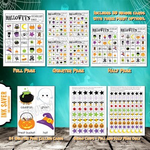 Puede incluir: Un conjunto de 30 tarjetas de bingo de vocabulario de Halloween &uacute;nicas con tres opciones de impresi&oacute;n: p&aacute;gina completa, p&aacute;gina de cuarto y media p&aacute;gina. Las tarjetas presentan varias im&aacute;genes y palabras con tem&aacute;tica de Halloween, como un fantasma, un caldero, un sombrero, un cubo de golosinas, una ara&ntilde;a, una estrella, una calabaza y una luna. Las tarjetas est&aacute;n dise&ntilde;adas para usarse con fichas de bingo, que tambi&eacute;n se incluyen en el conjunto.