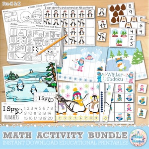 May include: A printable math activity bundle for preschool and kindergarten featuring winter themes. The bundle includes activities such as counting, tracing, color and count, I Spy, Sudoku, and an AB pattern activity. The activities feature penguins, snowmen, and winter scenes.