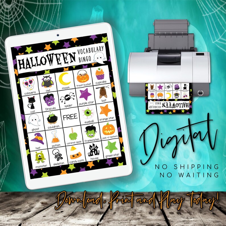 Puede incluir: Una descarga digital para un juego de bingo de vocabulario de Halloween. La tarjeta de bingo presenta im&aacute;genes de palabras con tem&aacute;tica de Halloween como "gato", "fantasma", "murci&eacute;lago", "ara&ntilde;a", "cubo de golosinas", "caramelo de ma&iacute;z" y "casa".