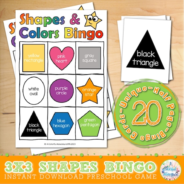 Shapes and Colors 3x3 Preschool Bingo Printable, Kids Party Game, 2D Shape Recognition Learning Games and Activities for Kids, DIGITAL