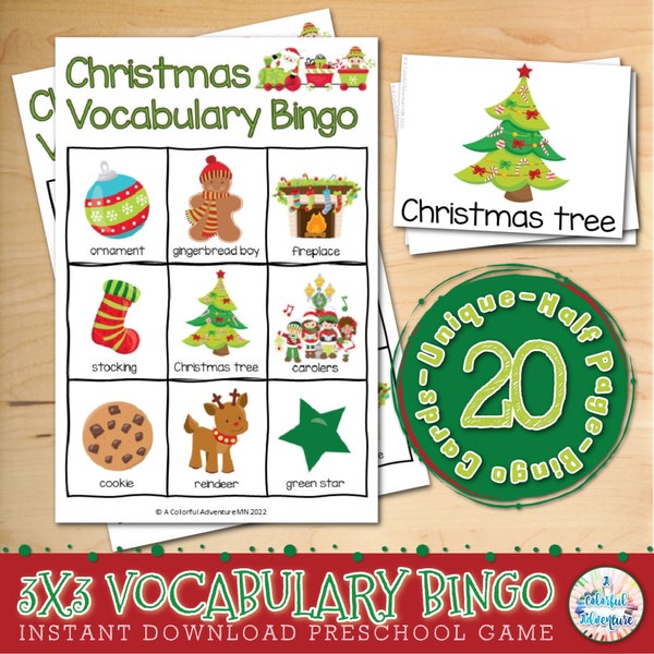 Christmas Preschool Bingo Printable, Kids Party Game, Christmas Vocabulary Activity, Holiday Games and Activities for Kids, 3x3 Bingo Game