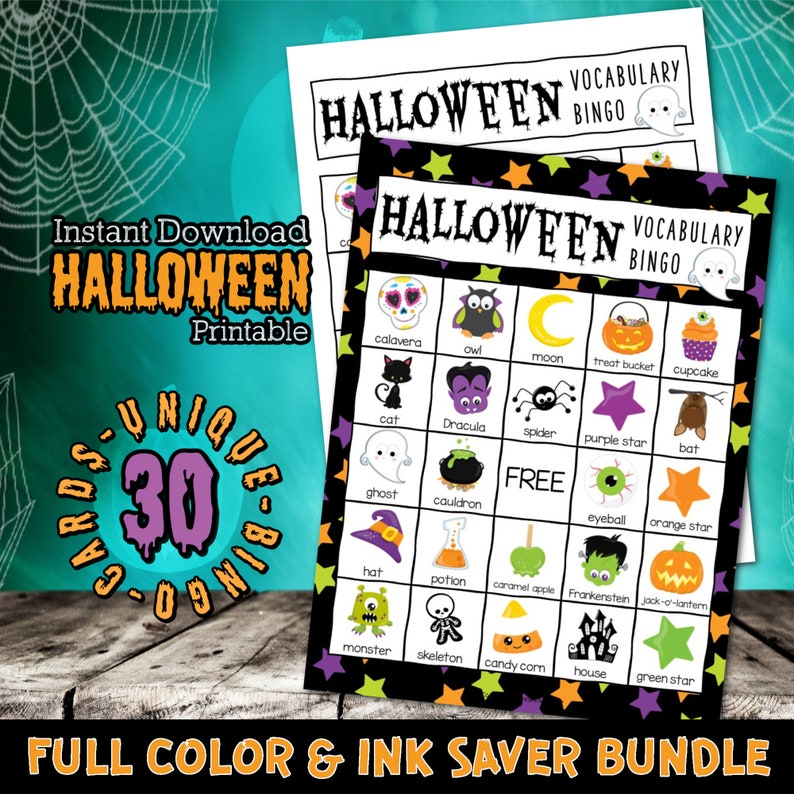 Puede incluir: Un juego de bingo de vocabulario de Halloween imprimible con 30 tarjetas &uacute;nicas. Las tarjetas presentan ilustraciones en blanco y negro de iconos de Halloween como un fantasma, un murci&eacute;lago, un caldero y una calabaza. El texto "Halloween Vocabulary Bingo" est&aacute; impreso en negro y naranja sobre un fondo blanco.