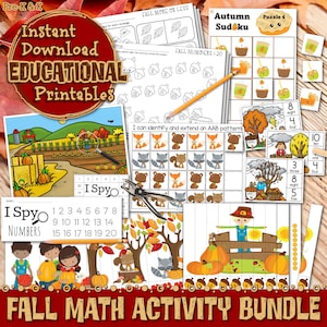 Puede incluir: Un conjunto de hojas de trabajo de actividades matemáticas de otoño imprimibles para preescolar y jardín de infantes. Las hojas de trabajo presentan una variedad de actividades, que incluyen contar, reconocer números y resolver problemas. Las hojas de trabajo están diseñadas para ayudar a los niños a aprender matemáticas de una manera divertida y atractiva.