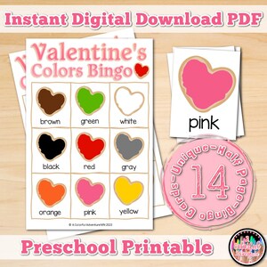 Valentine's Day Printable Preschool Color Recognition Class Party Game for Kids - Includes 14 Unique 3x3 Bingo Cards and 11 Calling Cards