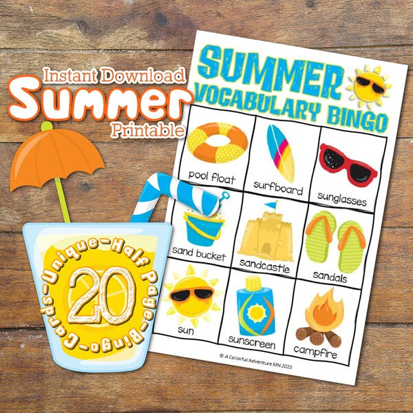 Summer 3x3 Preschool Bingo Printable, Kids Party Game, Summer Vocabulary Activity, Games and Activities for Kids, DIGITAL DOWNLOAD