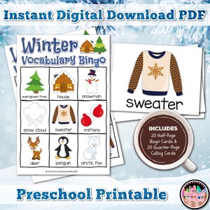 Winter Preschool Bingo Printable, Kids Party Game, PreK Games and Activities, Educational Vocabulary 3x3 Printable Bingo Game for Kids