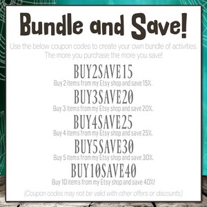 Puede incluir: Un gr&aacute;fico con un fondo turquesa y un dise&ntilde;o de telara&ntilde;a blanca. El texto "Bundle and Save!" est&aacute; en negro con un contorno blanco. El texto de abajo explica c&oacute;mo usar c&oacute;digos de cup&oacute;n para ahorrar del 15% al 40% en compras de la tienda Etsy.
