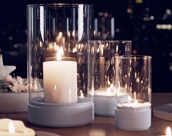 Windlicht Glas Beton - großer Kerzenhalter mit Glaszylinder - Das Original - Kerzenständer modern & schlicht