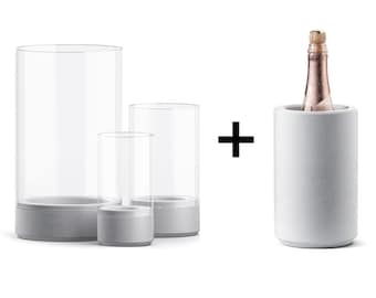 Windlichter & Weinkühler Bundle Geschenk - Kerzenhalter mit Glaszylinder und Weinkühler aus Beton- Das Original - modern / schlicht