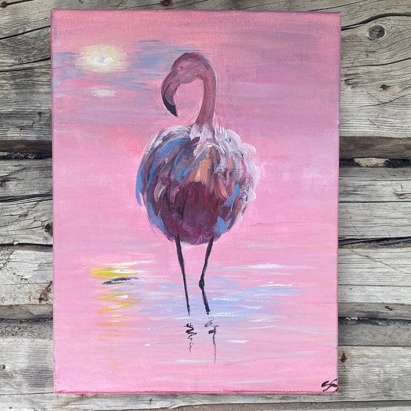 Peinture acrylique flamant rose, oiseau coucher de soleil rose, art coucher de soleil violet rose, tenture murale, décor de chambre de fille