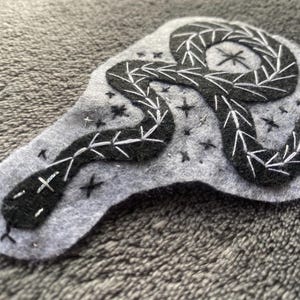 Embroidered snake patch, handsewn patchwork , dark mystic witch style gray black wool slow hand stitch appliqué