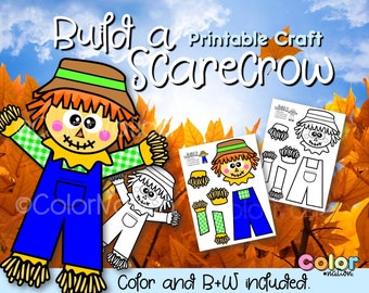 May include: A printable craft kit to build a scarecrow. The image shows a colorful, finished scarecrow and the printable pieces. The kit includes color and black and white versions. The background features autumn leaves and a blue sky.