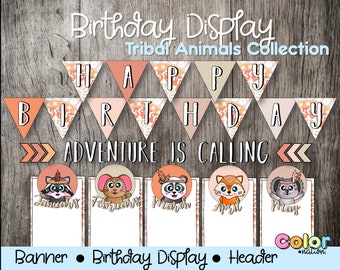 Birthday Display and Banner | Classroom Decor |  Bulletin Board Display |  Back to School - Tribal Animals NEUTRALS