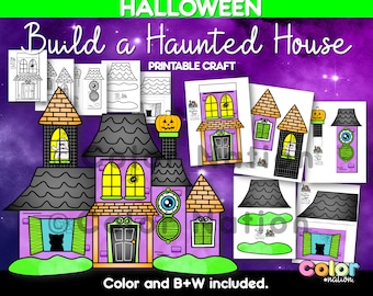 May include: A printable Halloween craft featuring a purple haunted house with black roof and yellow windows. The design includes a pumpkin, a ghost, and a cat silhouette. The text reads "Build a Haunted House" and "Color and B+W included."