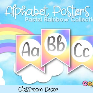Alphabet Posters  | ABC Posters  | Classroom Decor  | ABC Flashcards  | Bulletin Board Decor Pastel Rainbow