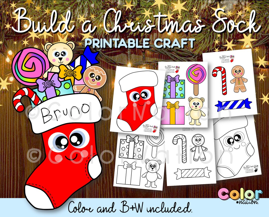 クリスマスソックスクラフト - 色塗り、切り取り、貼り付けアクティビティ（PDFパターン） - Etsy 日本, image size:1080x870