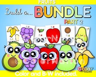 May include: A set of printable fruit-themed craft activities for kids. The set includes images of an apple, avocado, banana, grapes, and pear. The images are in color and black and white. The text "Build a... BUNDLE PART 2" is at the top of the image. The text "Color and B+W included." is at the bottom of the image.