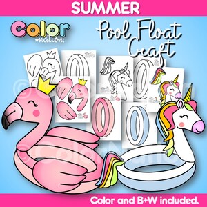 May include: Printable summer pool float craft with a flamingo and unicorn design. Color and black and white versions are included. "Color Nation" is printed on the top left corner of the image.