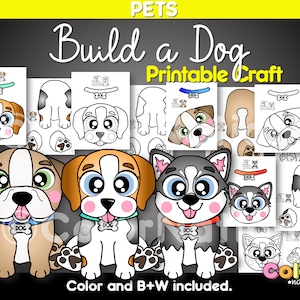 Puede incluir: Actividad de manualidades imprimible para que los niños construyan un perro. La imagen muestra una versión en color y en blanco y negro de la manualidad. La manualidad incluye la cabeza, el cuerpo, las patas y las patas de un perro. El texto "Build a Dog Printable Craft" está en la parte superior de la imagen.