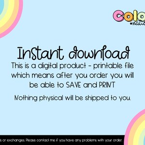 May include: Light blue digital product advertisement with a rainbow arc and the text "Instant download." The text explains the product is a printable file, available to save and print after ordering. The "Color Nation" logo is in the top right.