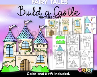 Puede incluir: Actividad de manualidades imprimible para que los niños construyan un castillo. La imagen muestra un castillo colorido con torres, ventanas y una puerta. El castillo está rodeado de arbustos verdes. La imagen también incluye versiones en blanco y negro de las piezas del castillo para colorear.