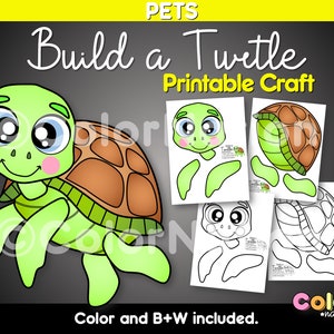 May include: Printable craft activity for kids to build a turtle. The image shows a colorful cartoon turtle with a brown shell and green body. The craft includes a color and black and white version of the turtle.