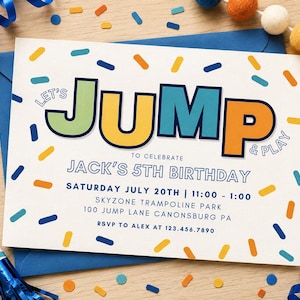 May include: A rectangular birthday invitation card with a white background featuring colorful sprinkles and the text LET'S JUMP & PLAY TO CELEBRATE JACK'S 5TH BIRTHDAY SATURDAY JULY 20TH 11:00-1:00 SKYZONE TRAMPOLINE PARK 100 JUMP LANE CANONSBURG PA RSVP TO ALEX AT 123.456.7890.