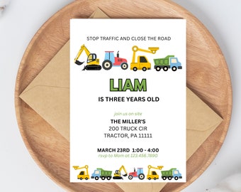 Editable Construction 3rd Birthday Invitation: Truck Party (Digital Download); Boy Birthday Invite, Truck Birthday Party
