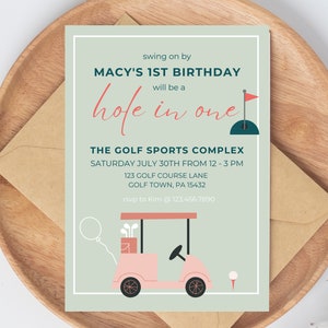 Girl Golf 1st Birthday Invitation | Hole in One Par-Tee | Pink Golf Cart Theme | Editable Canva Template | Instant Download