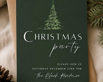 May include: A dark green rectangular Christmas party invitation card featuring a sketch of a pine tree at the top. The text reads: CHRISTMAS party, PLEASE JOIN US, SATURDAY DECEMBER 23RD 7PM, the Black Residence, 200 SNOWBERRY CIRCLE PORTIA, CA 12345, PLEASE RSVP TO 412-123-4567 BY DECEMBER 18.