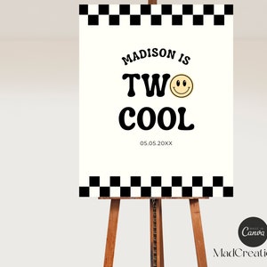 Two Cool Birthday Welcome Sign, Checkered Smiley Birthday, Retro Birthday, 2nd Bday, Digital Download, Canva Template, Instant Download