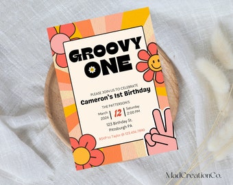 Groovy One 1歳の誕生日招待状：レトロな70年代風パーティー（編集可能なCanvaテンプレート - すぐにダウンロード）