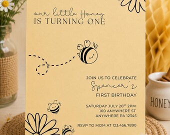Honey Bee First Birthday Invitation, 1st Birthday Party Invite, Instant Download, Digital Template, First Birthday Party, Bee Theme