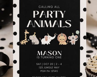 Party Animals Birthday Invitation: Editable Safari Zoo Invite (Digital Download), Animal Birthday Decor, Canva Template