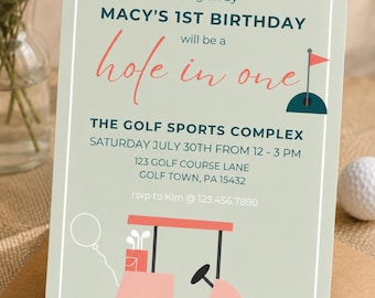 Girl Golf 1st Birthday Invitation: Pink Golf Cart Par-Tee (Editable Canva Template)
