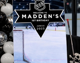 Placa de boas-vindas editável para aniversário com tema de hóquei: Decoração de festa editável (download digital); Convite de aniversário com tema de hóquei; Aniversário com tema esportivo; Festa da NHL
