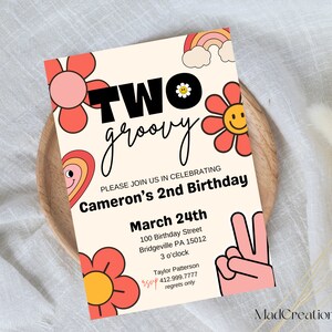 Zwei Groovy Geburtstagseinladung | 2. Geburtstag Party einladen | Retro Boho Mädchen Geburtstag | Digitaler Download | Bearbeitbare Vorlage