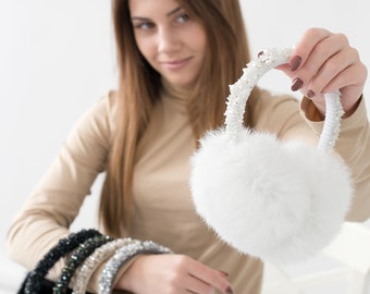 Rabbit fur Earmuffs Winter earmuffs with crystal besds Emboidered hairband Winter Accessories Gift for her, Christmas gift