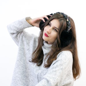 Rabbit fur Winter earmuffs, shearling green colour earmuffs, Ear warmers for women, Earmuffs emboidered with crystals, Beaded hairband