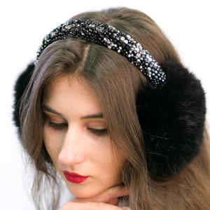 Rabbit fur Winter earmuffs emboidered whith christals, Ear warmers for women, Winter Black earmuffs, Beaded hairband Сhristmas gift