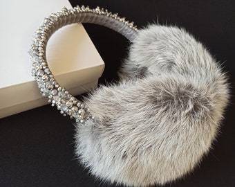 Embroidered Rabbit Fur Earmuffs, Crystal Ear Warmers