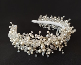 Crystal Pearl wedding tiara, Crystal hair band, Bridal headband, Wedding crown, White crystal headband, Hand made hoop