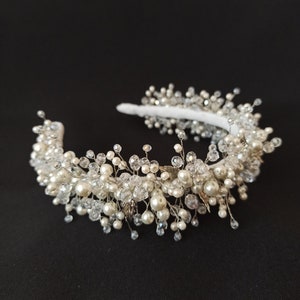 Crystal Pearl wedding tiara, Crystal hair band, Bridal headband, Wedding crown, White crystal headband, Hand made hoop