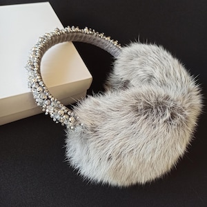 Winter emboidered earmuffs, Rabbit fur Ear muffs, Shearling earmuffs, Ear warmers for women, Gray earmuffs, Christmas Gift for women