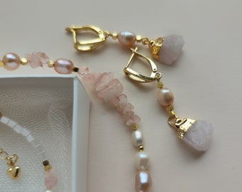 Minimalist style jewelry, natural rose quartz bead necklace, set choker earrings, gemstone choker, dalmatian jasper natural stone necklace