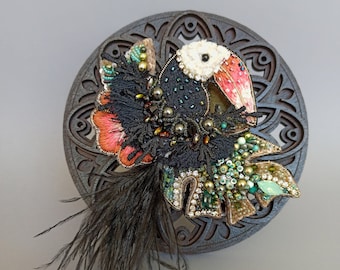 Handmade brooch - embroidered bird with ostrich feathers and rhinestones, beaded large brooch, original personalized gift