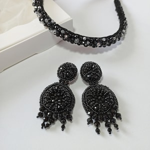 Black crystal headband & earrings, Crystal hair band, Crystal headband, Beadwork black earrings, Beaded jewelry, Black rhinestones hair band